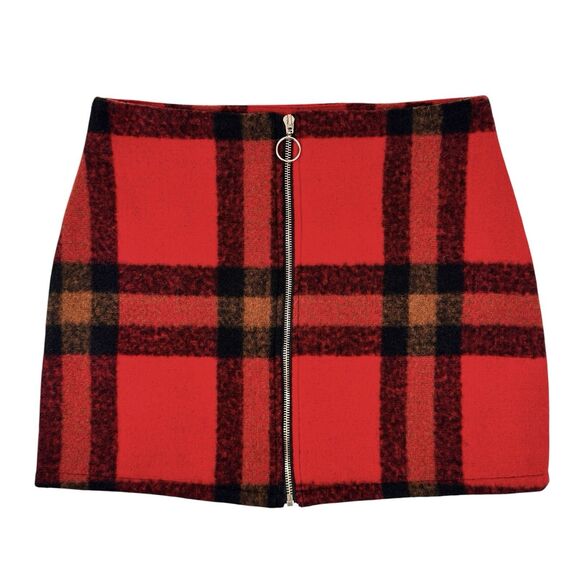 Forever 21 Womens Mini Skirt Sz M Red Black Plaid Zip Front Academia Goth Grunge - Picture 1 of 12